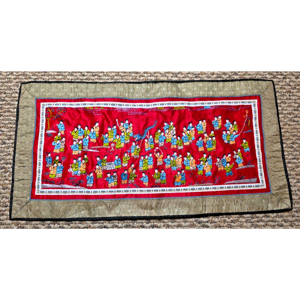 Vtg Beijing Chinese Silk Hand Embroidery 100 Children Playing Art Panel 25x13